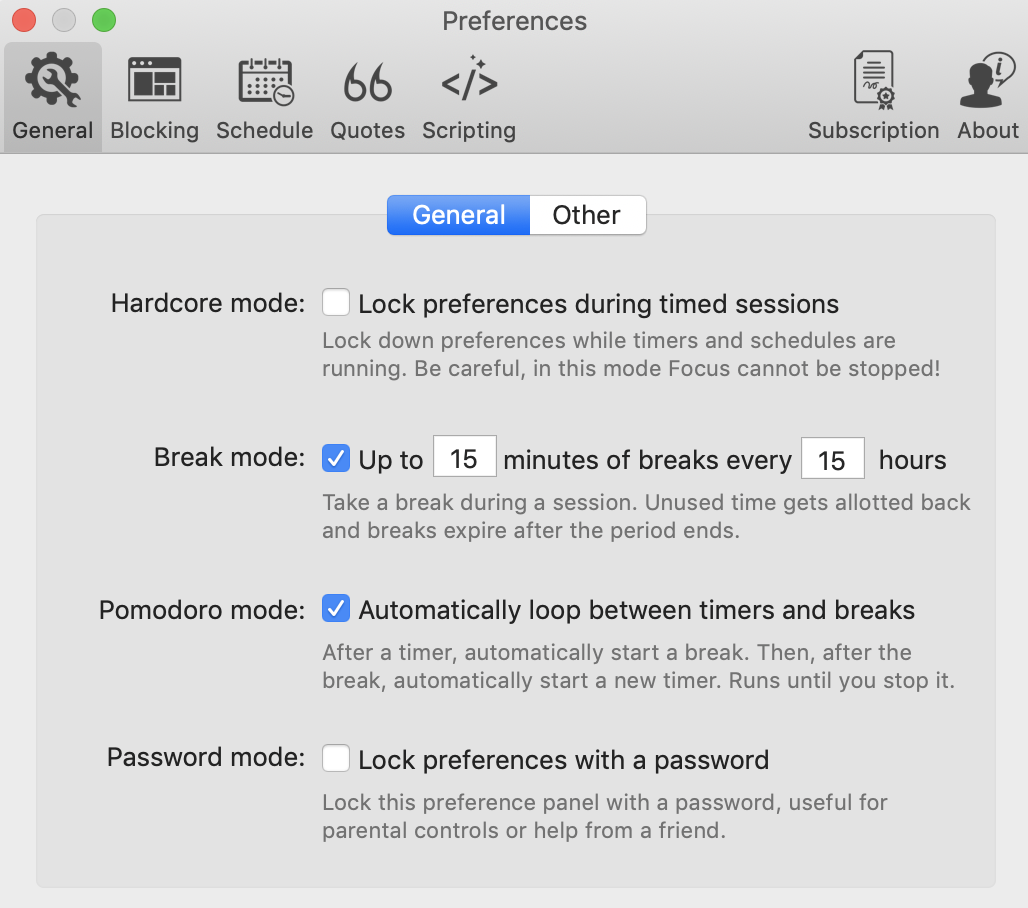 Enabling the Pomodoro Mode feature in Focus from the Preferences menu