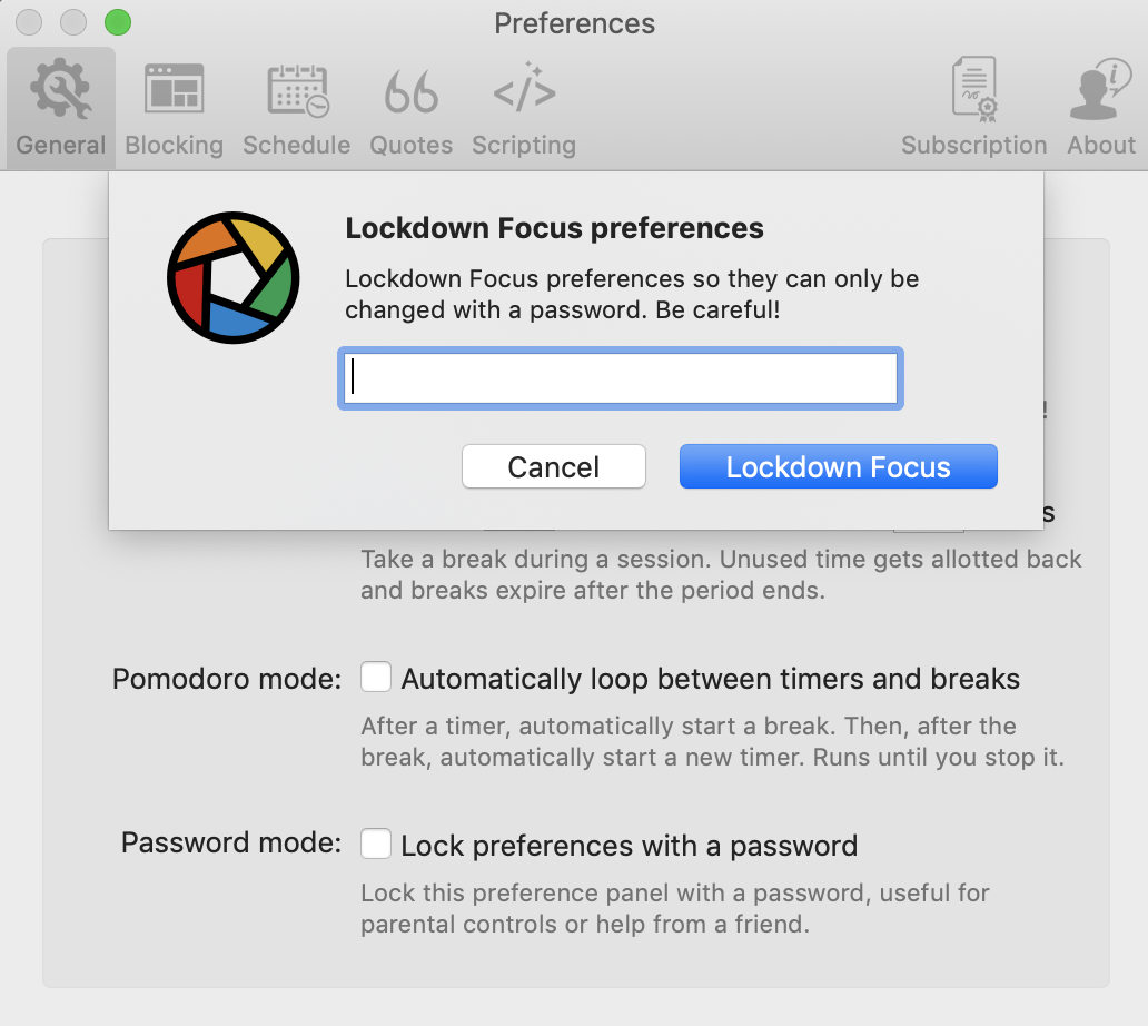 Enabling Password Mode in the Focus app from the Preferences menu