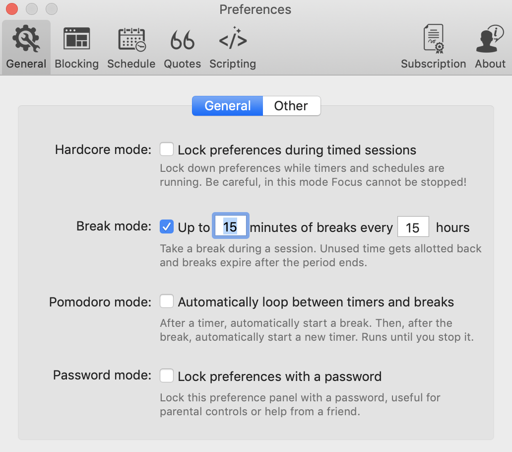 Enabling Break Mode in the Focus app within the Preferences menu