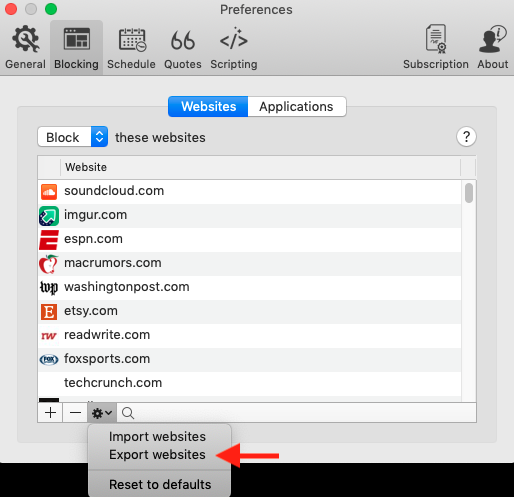 Selecting option to export website blocklist out of Focus