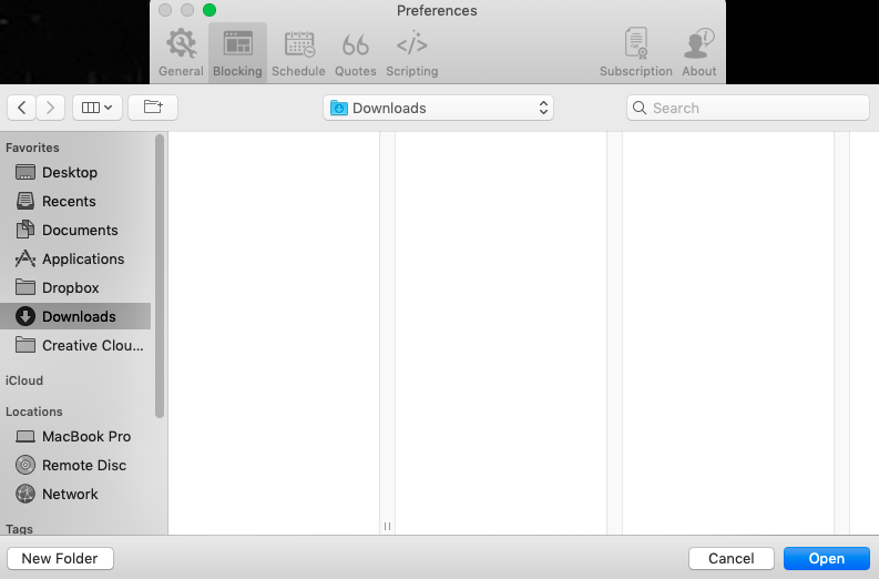 selecting folder to export app blocklist into