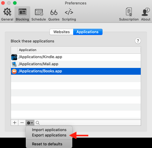 selecting option to export app blocklist out of focus