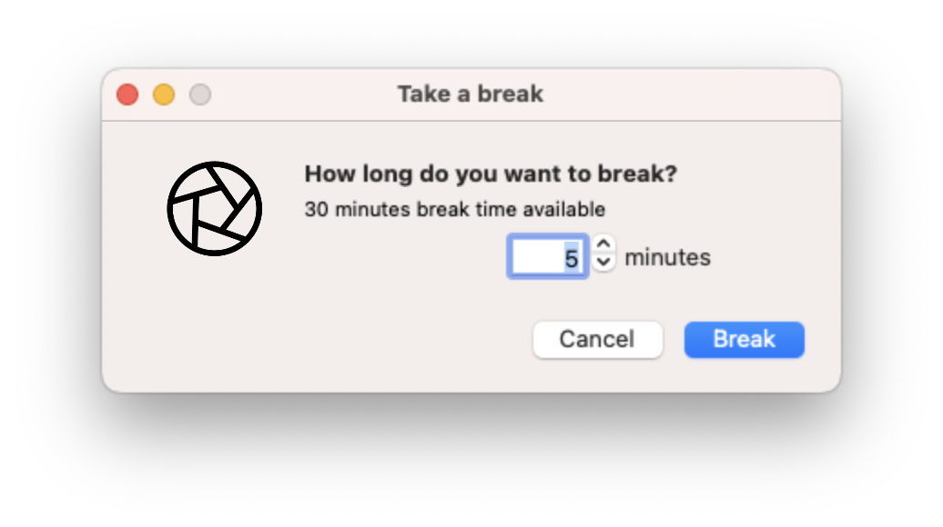 Take a custom break by selecting Custom break in the Focus menubar icon dropdown menu