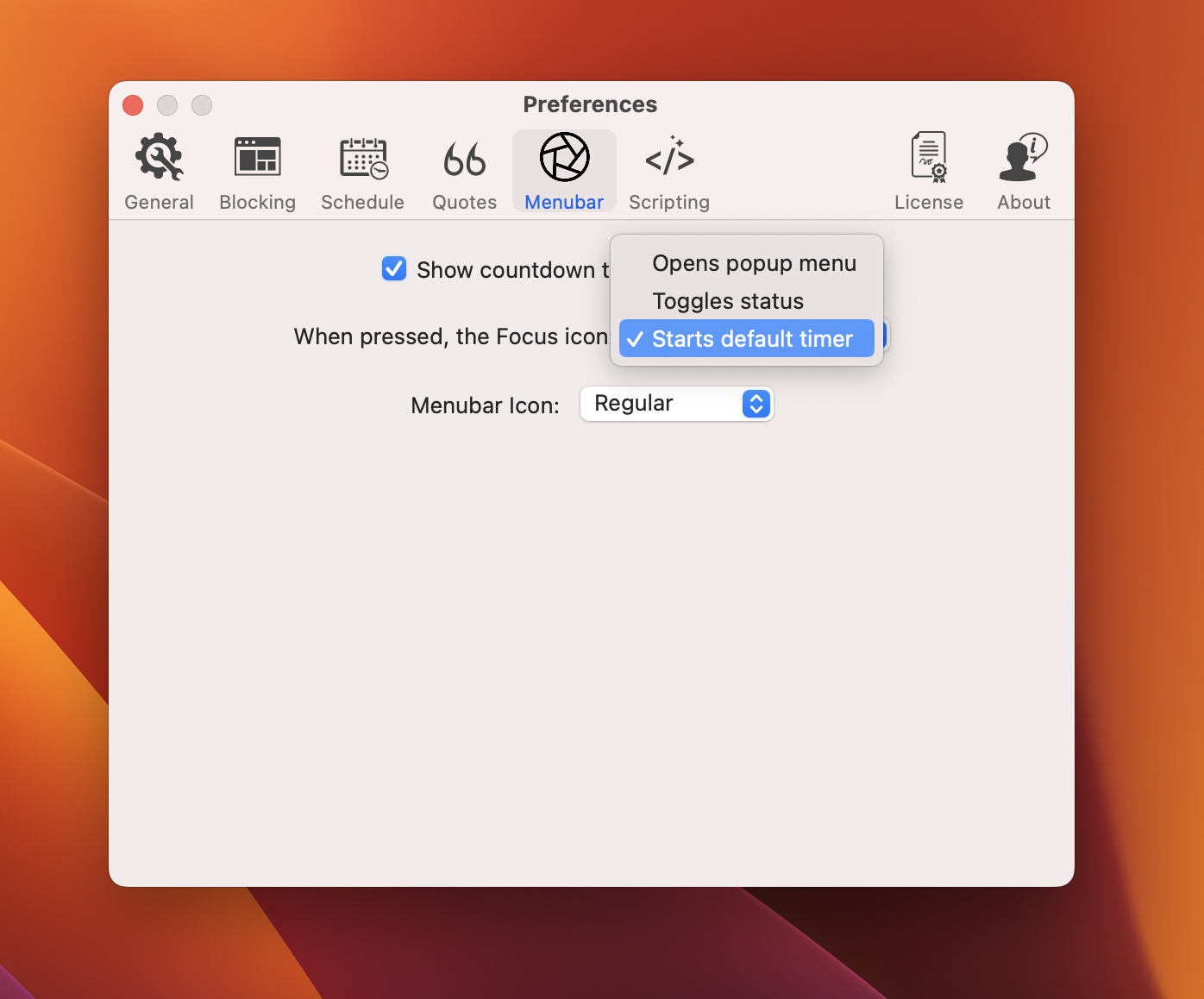 Focus lets you customize the behavior of the menubar icon, which caries over to the default behavior for the keyboard shortcut.