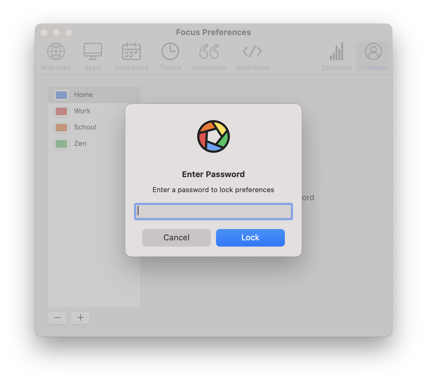 Focus enables you to lock any profile, preventing further changes without the password.