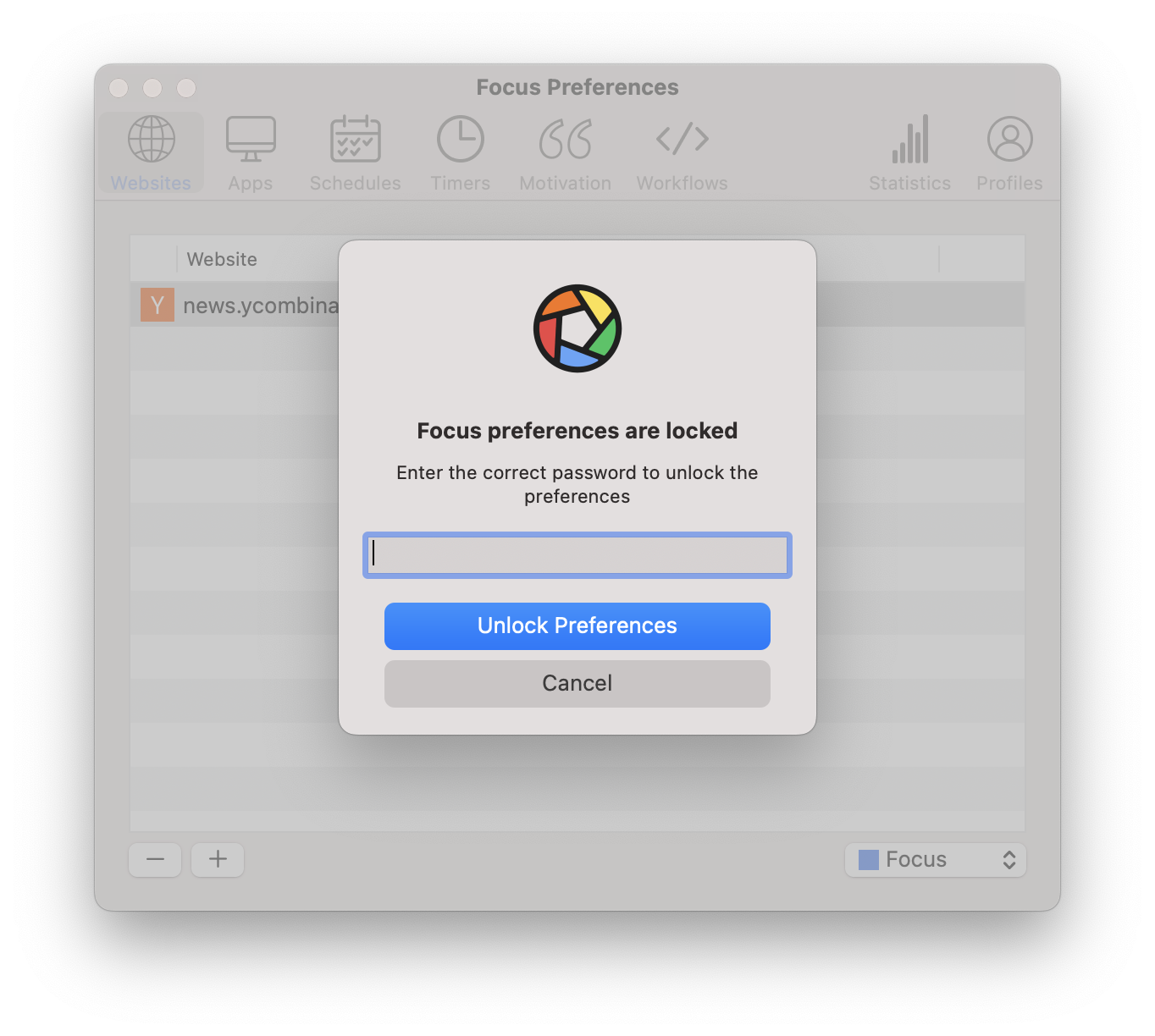 Focus lets you setup profiles that cannot be changed without a password.