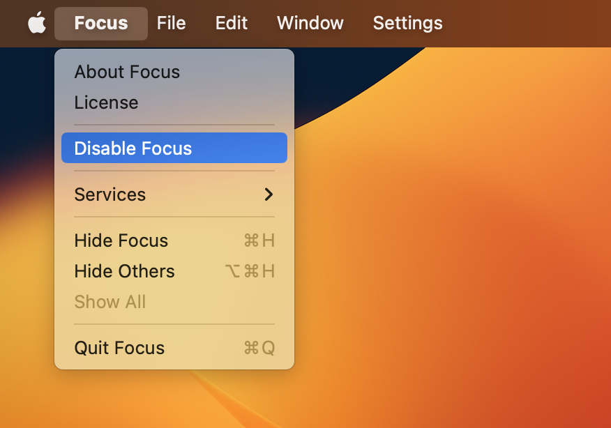 Access the Disable Focus window from the Focus menubar dropdown