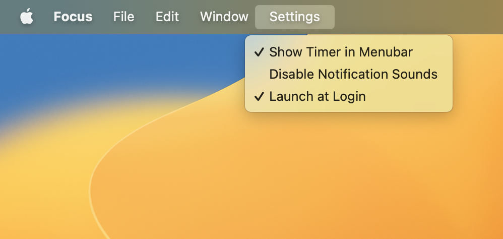 Access additional Focus settings in the menubar