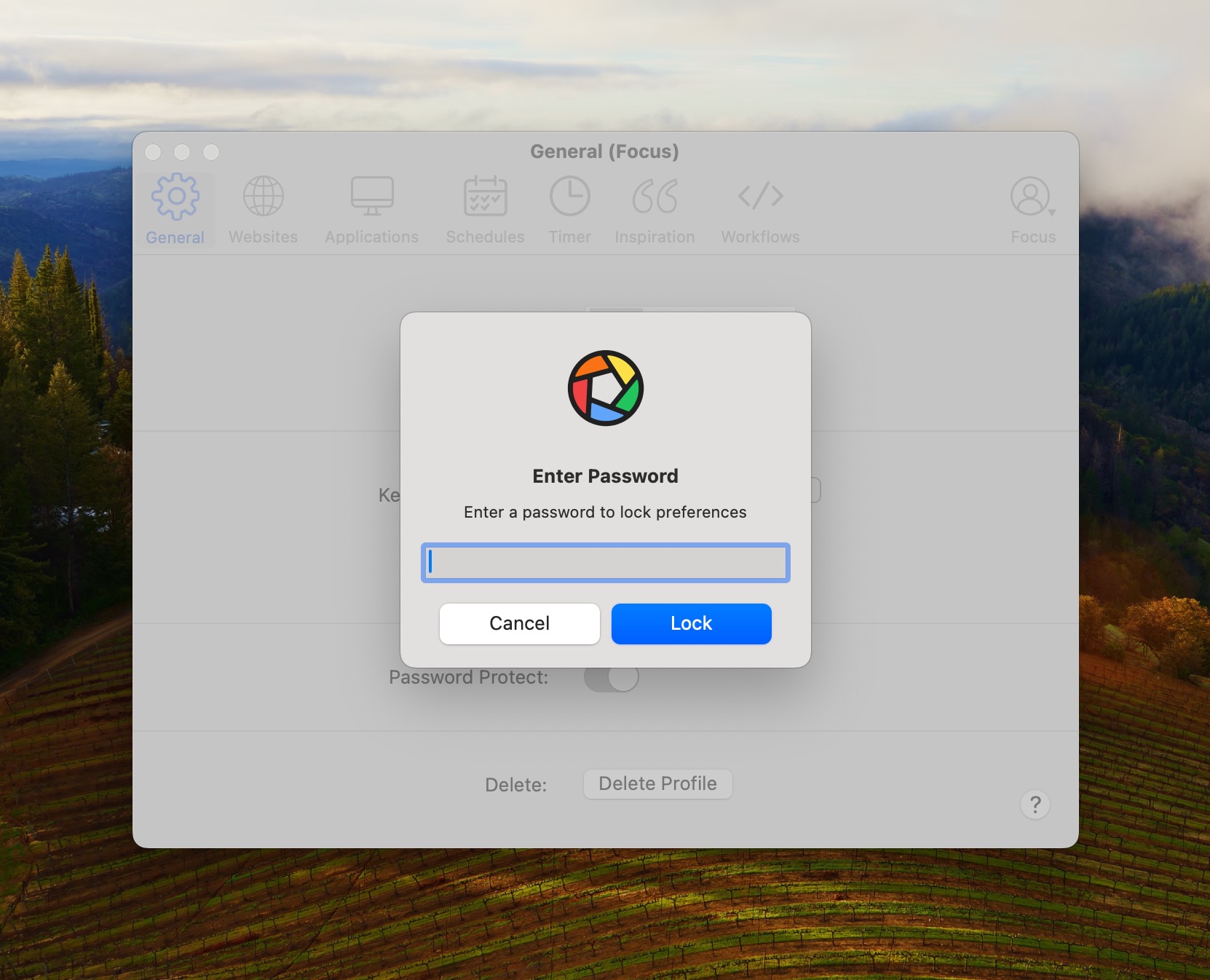 Set a password to lock your Focus settings and prevent changes.