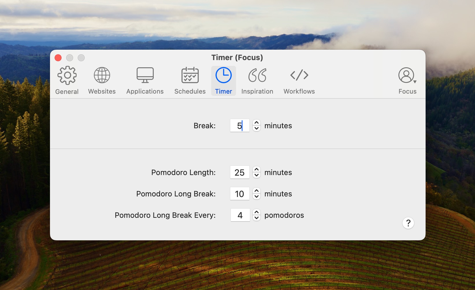 Focus allows you to tweak the default Pomodoro settings, including the length of work sessions, short breaks, long breaks, and the frequency of long breaks.